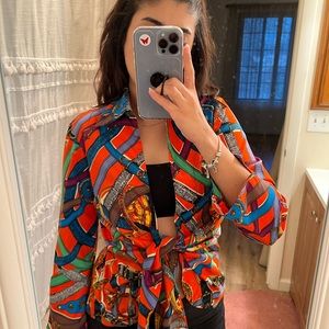 Belt pattern colorful vintage tie front shirt